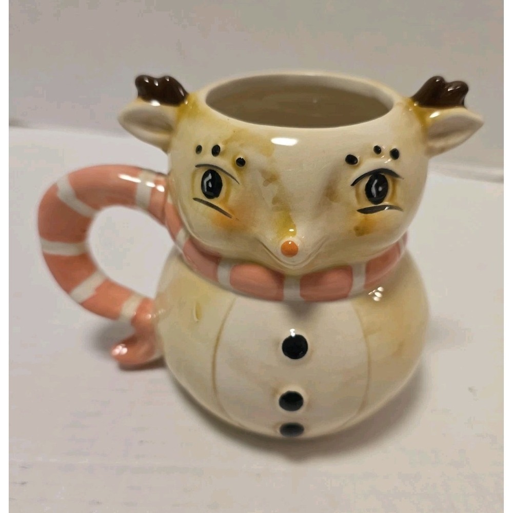 Joanna Parker Ceramic Reindeer Snowman Mug Pink Stripe Scarf Carnival Cottage
